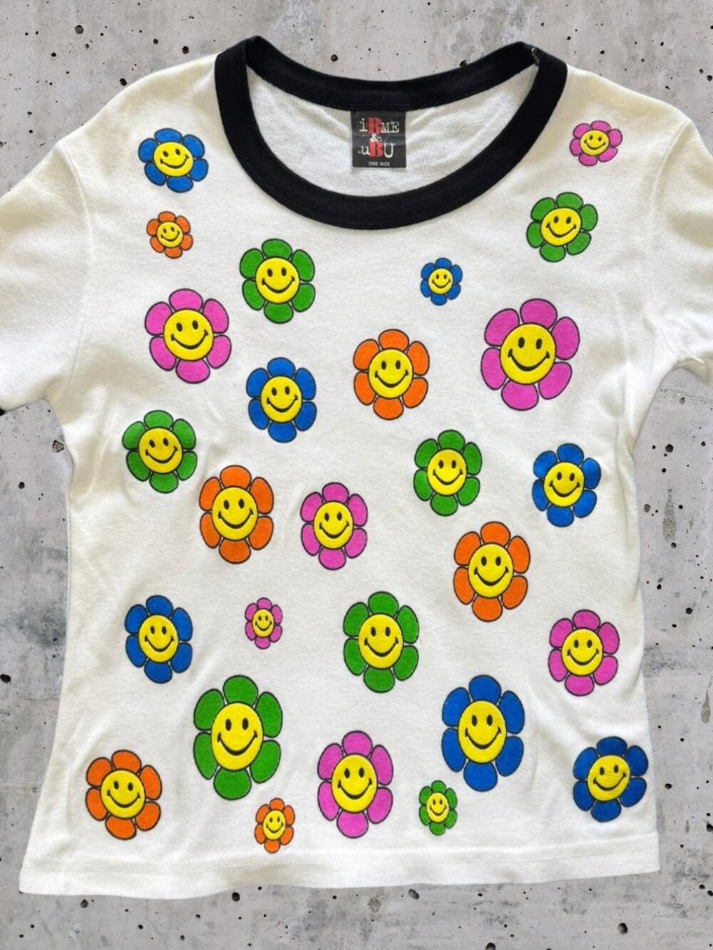 Vintage iBME & uBU  One Size Ringer Baby Tee Smiley Face Retro Flowers (1281)